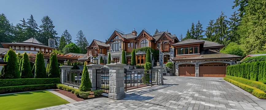 Big custom made luxury house with nicely landscaped and trimmed front yard and driveway to garage in the suburbs of Vancouver, Canada.