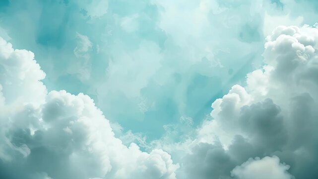 Soft turquoise blue sky cloudscape with fluffy white cumulus clouds calm airy mood