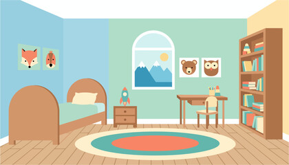 Child's bedroom with wooden bed desk and bookshelf under natural window light concept of childhood learning and play © MohiburStock