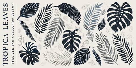 Tropical leaves vector illustration collection on a light beige background © Bithi