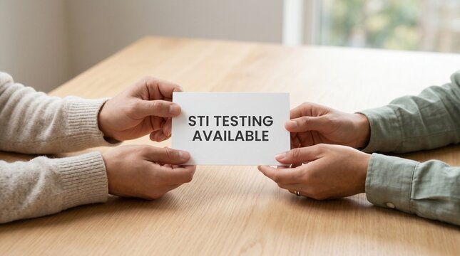 Two people holding a white card with sti testing available text written on it at a wooden table during a medical consultation