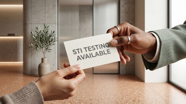 Professional handing over a business card offering sti testing services in a modern medical clinic waiting room environment