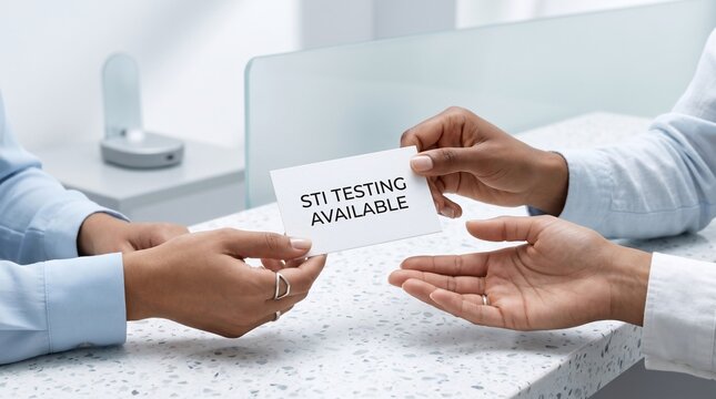 Medical professional hands a white card with sti testing available text to a patient at a bright modern clinic reception