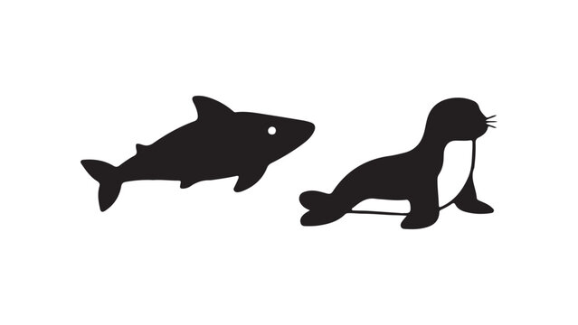 Silhouettes of a dolphin and a seal in a playful underwater scene, minimalist illustration
