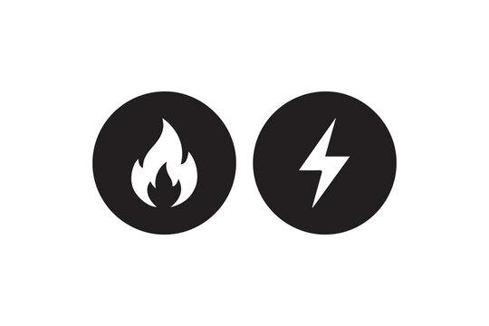 Black and white icons of fire and lightning bolt in circular frames, abstract symbols
