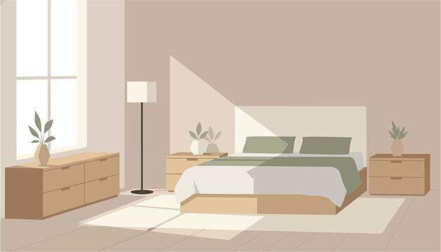 Serene bedroom with soft morning light streaming through a large window onto a neatly made bed and wooden furniture