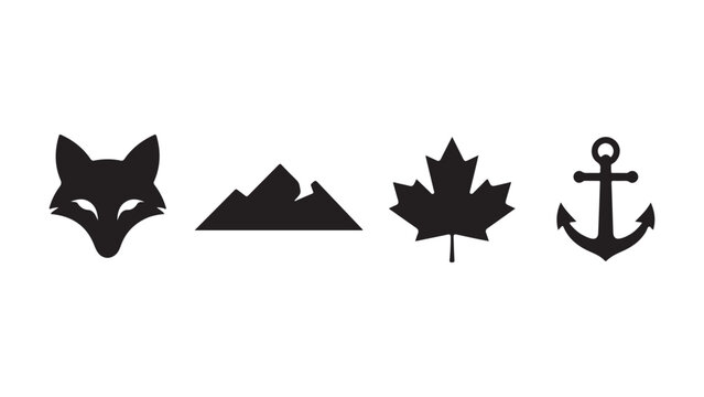 Minimalist black icons set with fox, mountains, maple leaf, and anchor on white background