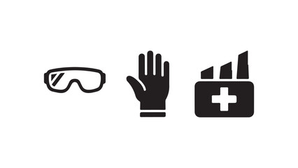 Fototapeta premium Safety first icons set with goggles, glove, and first aid kit in minimalist style