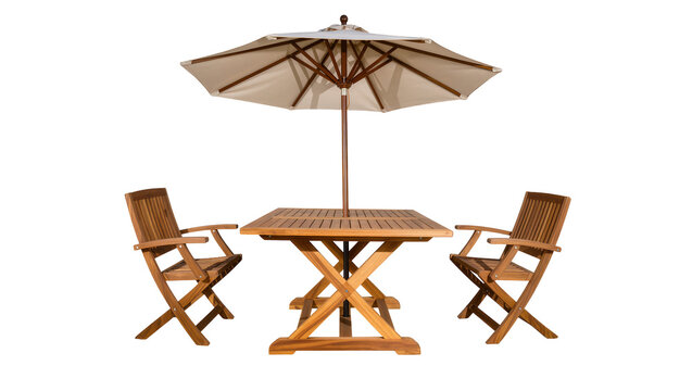 Wooden patio table and chairs with umbrella