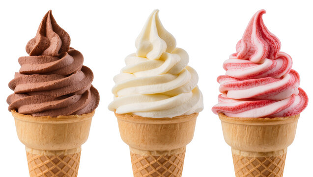 Three soft serve ice cream cones chocolate vanilla, and strawberry swirl