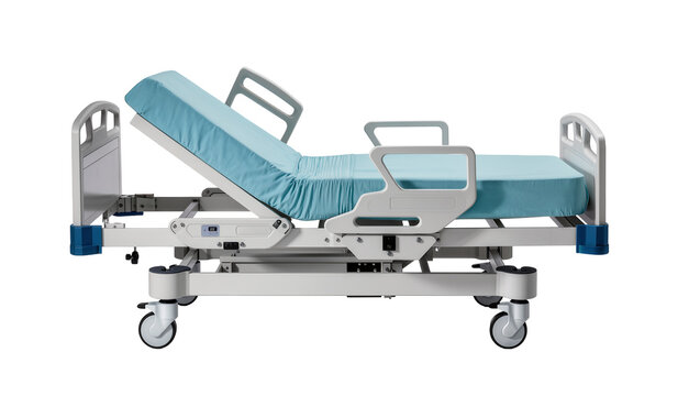 Adjustable hospital bed with blue mattress and side rails