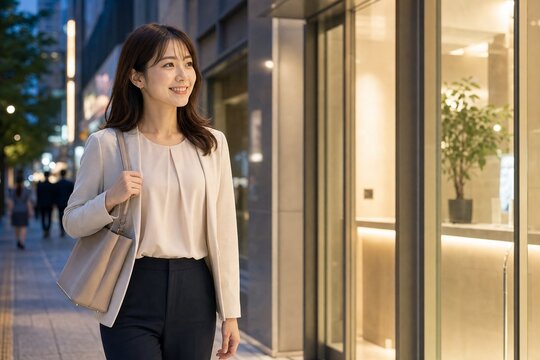 仕事帰りの夜にお店へ向かう20代日本人女性の会社員