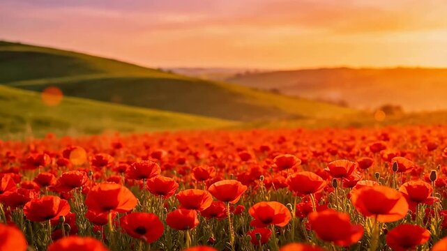 Field of Red Poppies at Sunset