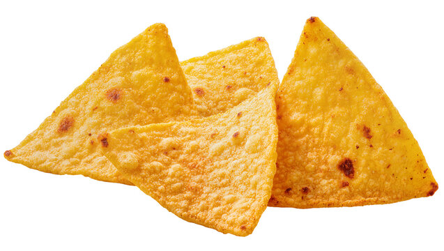 Three golden corn tortilla chips with brown spots