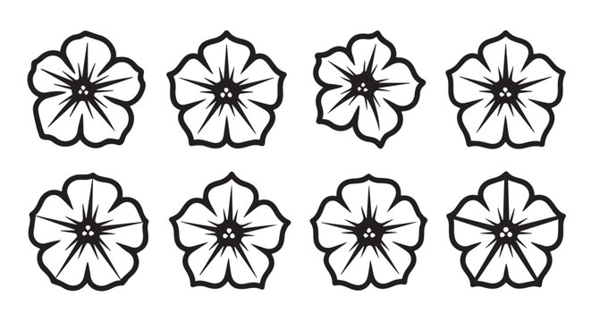 Collection of stylized petunia flower outlines on white background for graphic design elements