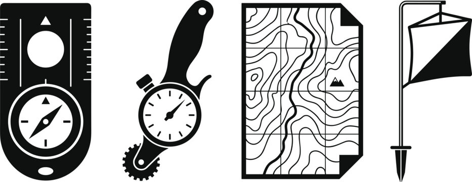 Orienteering Sport Equipment Silhouette Icon Set Featuring Navigation Compass Curvimeter Map Measurer Topographic Chart Map and Control Point Flag