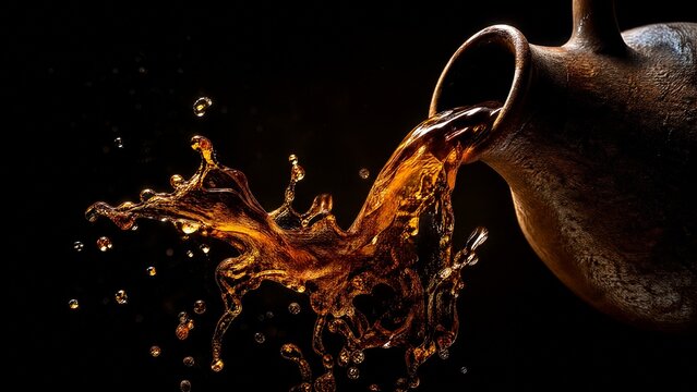 Dark amber liquid pouring from a flagon in a dynamic splash.
