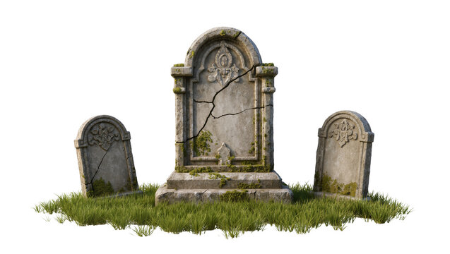 Cracked weathered tombstones with moss and grass