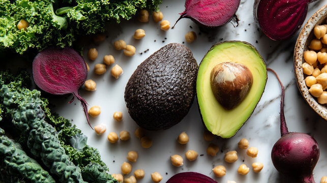 Close up flat lay of a halved ripe avocado scattered chickpeas sliced red beets and curly kale on a polished marble surface