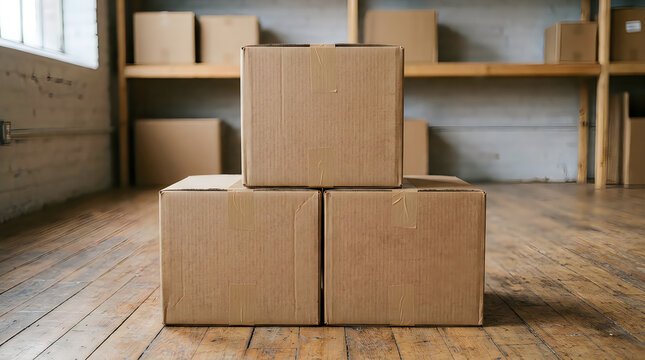 Three brown cardboard boxes stacked indoors