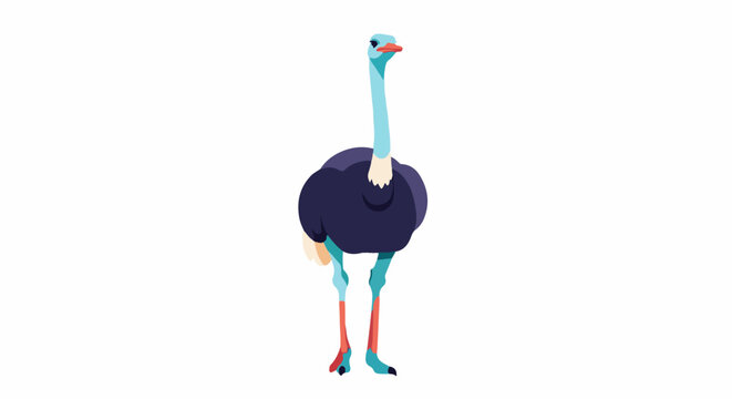 A stylized, front-facing ostrich with blue, orange, and dark purple colors
