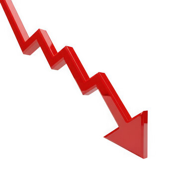 Red downward zigzag arrow indicating decline or decrease on transparent background