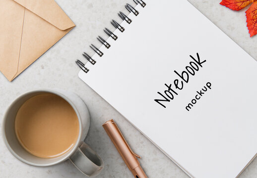 Notebook Mockup With Coffee PSD
