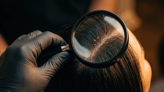 Medic in black gloves using a magnifying glass to examine a scalp for nits and lice. Diagnosis of pediculosis on dark human hair
