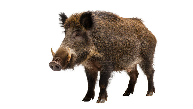 Wild boar with tusks and coarse fur