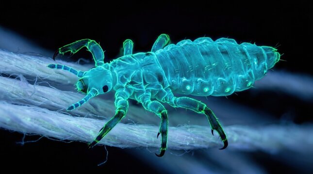 Fluorescent louse under microscope. Detailed scientific illustration of a glowing head louse, a common human parasite causing pediculosis