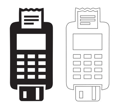 POS Terminal Payment Machine with Credit Card and Receipt Silhouette and Outline Vector Set, Credit Card Reader Clip Art Graphics for Retail Sale