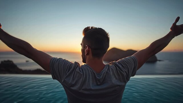 Man back view with outstretched arm overlooking ocean infinity pool sunset feeling free and peaceful