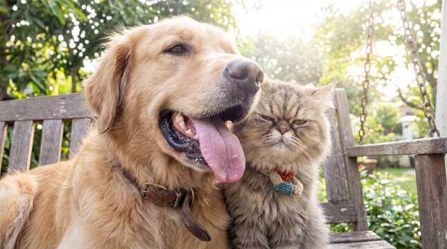 Funny animal friendship concept. Close-up portrait of a happy smiling Golden Retriever dog and a grumpy fluffy cat sitting together on a rustic wooden porch swing in a sunny summer garden.