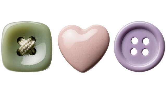 Three sewing buttons square green with cross stitch pink heart, round purple