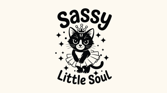 Sassy little soul text with cute cat wearing crown and tutu illustration.