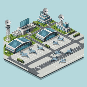 Modern Military Airbase with Fighter Jets and Radar Systems.