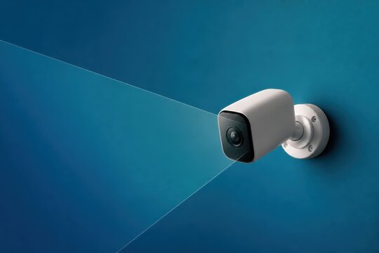 Security camera on blue wall with wide copy space for surveillance and technology banners