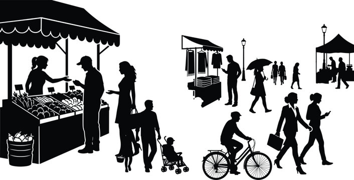Vector silhouettes of people shopping at an outdoor farmers market street fair with food stalls and retail booths