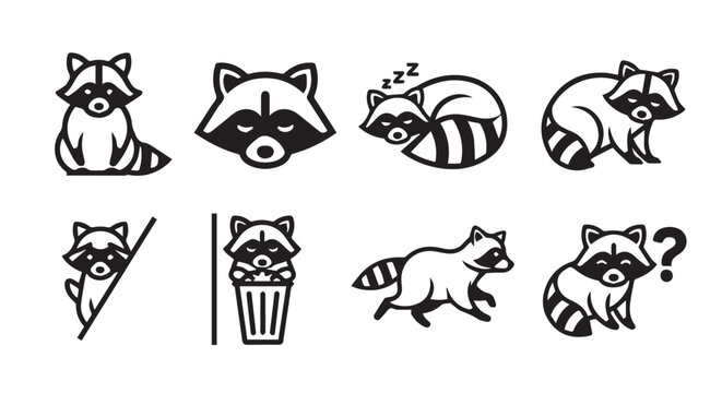 Cute raccoon icons set with various poses and emotions on white background vector illustration