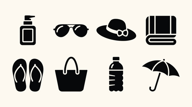 Summer beach accessories set: lotion sunglasses hat towel flip flops bag umbrella.