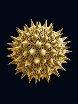 Spiky spherical pollen grain under microscope, showcasing intricate details and texture