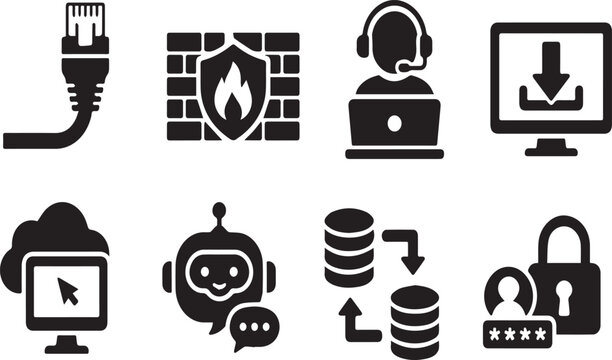 Comprehensive Networking and IT Security Icon Set Featuring Firewall, Cloud Computing, Ethernet Connection, AI Chatbot, Database Migration, Customer Support, and Cybersecurity Data Protection