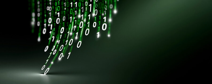 Abstract technology background with a matrix of digital data streams and binary code flowing across the screen, offering ample copy space on a gradient backdrop.