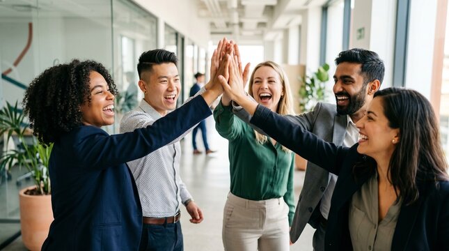 Group of ecstatic multiethnic business colleagues giving high five in office hallway celebrating successful deal. Motivated diverse team cheering for corporate victory and sales growth.