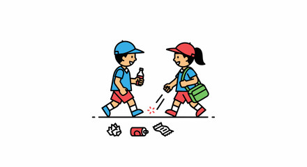Fototapeta premium Children littering on sidewalk, recycling concept