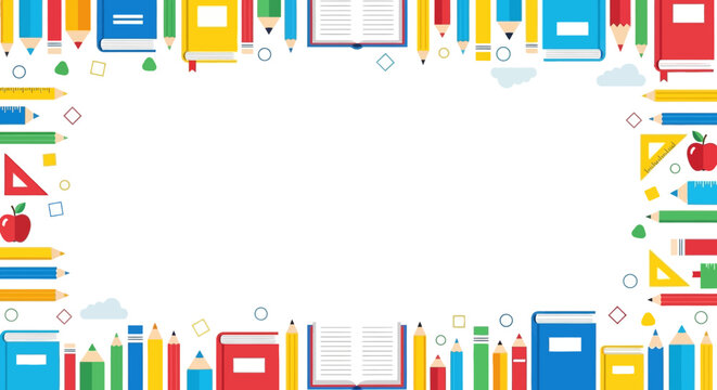Colorful School Supplies Border Frame with Books, Pencils, and Apple