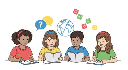 Diverse Kids Learning Together, Studying Global Topics and Technology