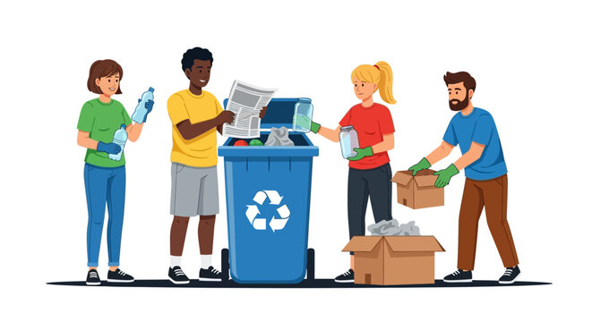 Diverse people recycling plastic, paper, and glass into a blue bin