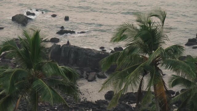 Scenic view from above of a solitary person meditating on a large rock along a rugged coastline, with palm tree fronds swaying gently in the breeze and calm waves lapping at the shore