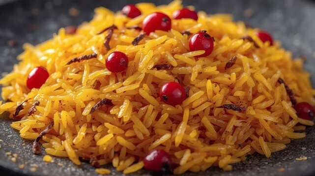 Golden saffron rice pilaf with red berry garnish, yellow cooked grains and toasted fried shallot